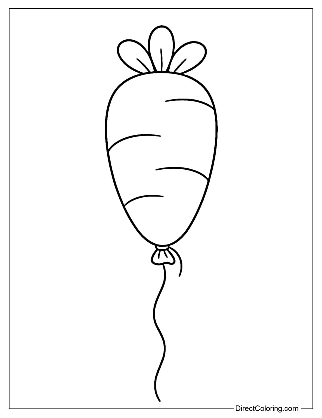 A coloring page depicting a carrot-shaped balloon with a long, rounded body and a simple cluster of small leaves on top.