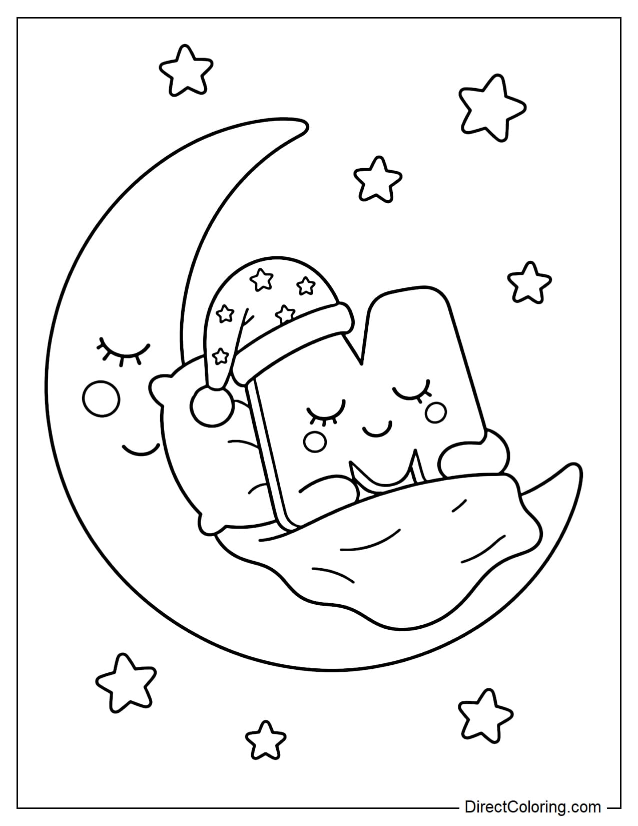 The cute letter M is sleeping on a crescent moon with a few stars around.