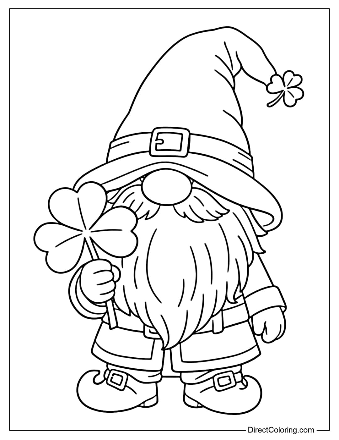 A coloring page of a gnome leprechaun holding a lucky clover.