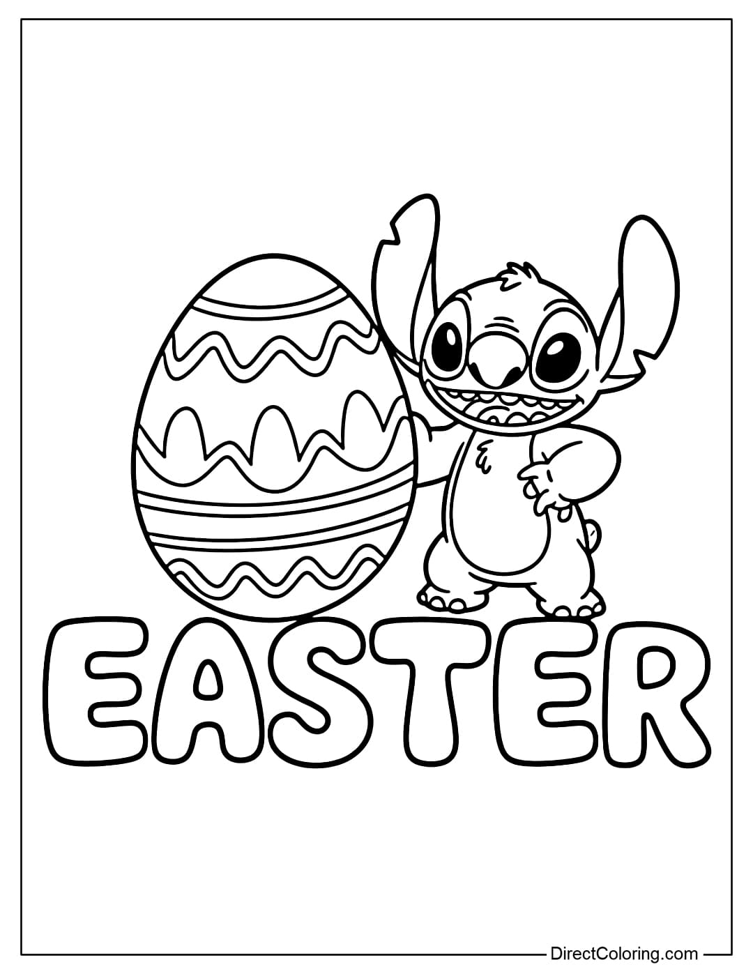 Stitch is standing next to a large Easter egg, on top of the word 