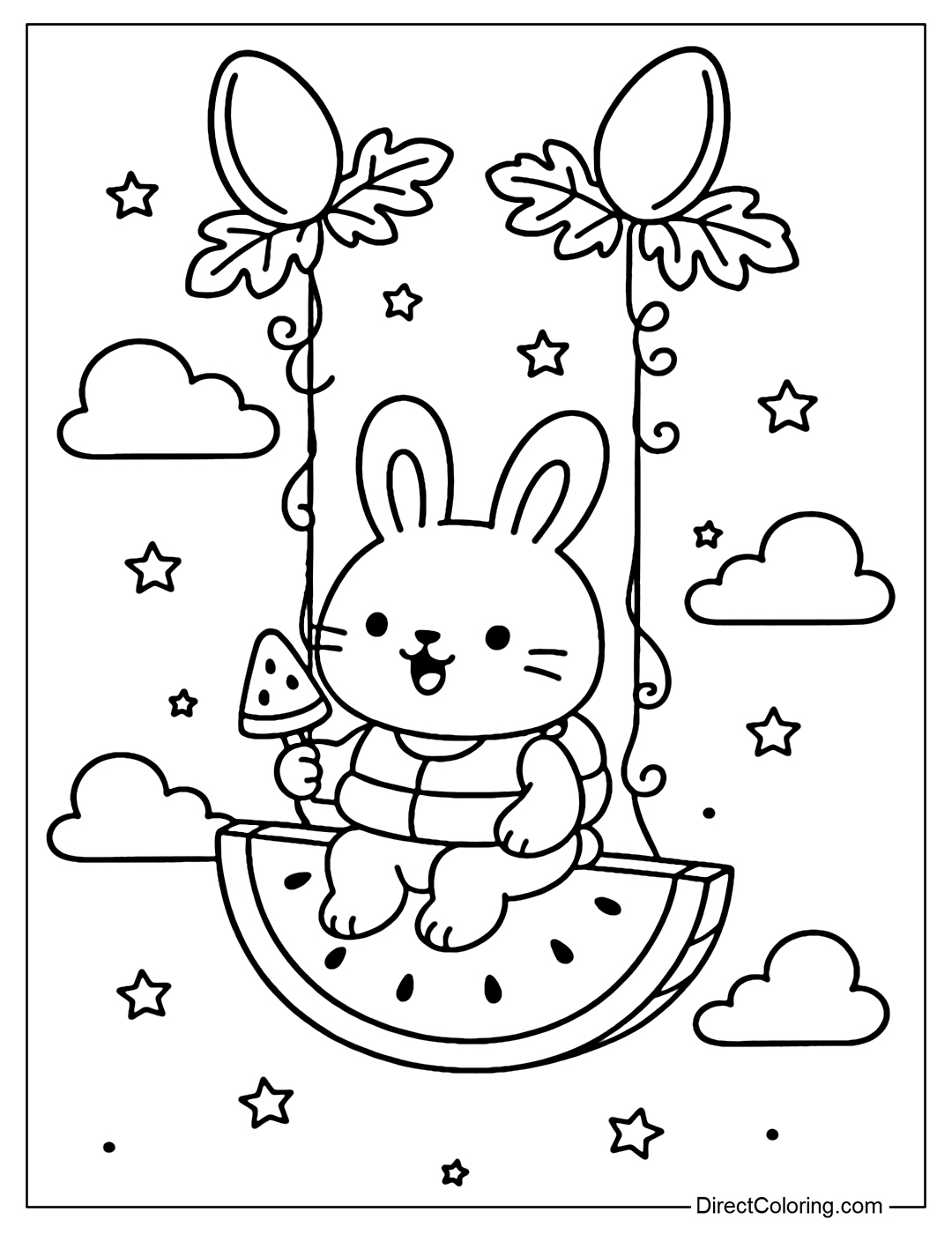 Coloring page of a swing with a watermelon slice floating in the air, a little rabbit wearing a life jacket is sitting and eating watermelon ice cream.
