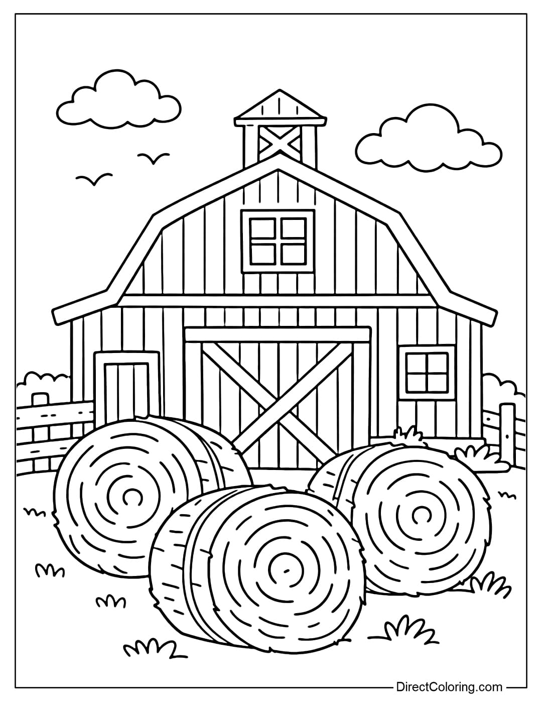 Coloring page of a barn with several large, round hay bales placed in front.