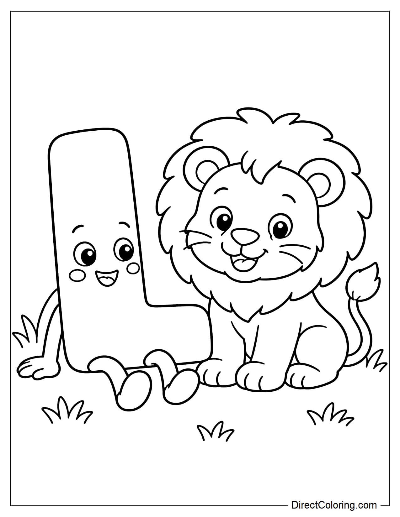 The letter L is sitting next to a friendly lion cub with a cute, fluffy mane, surrounded by some grass.