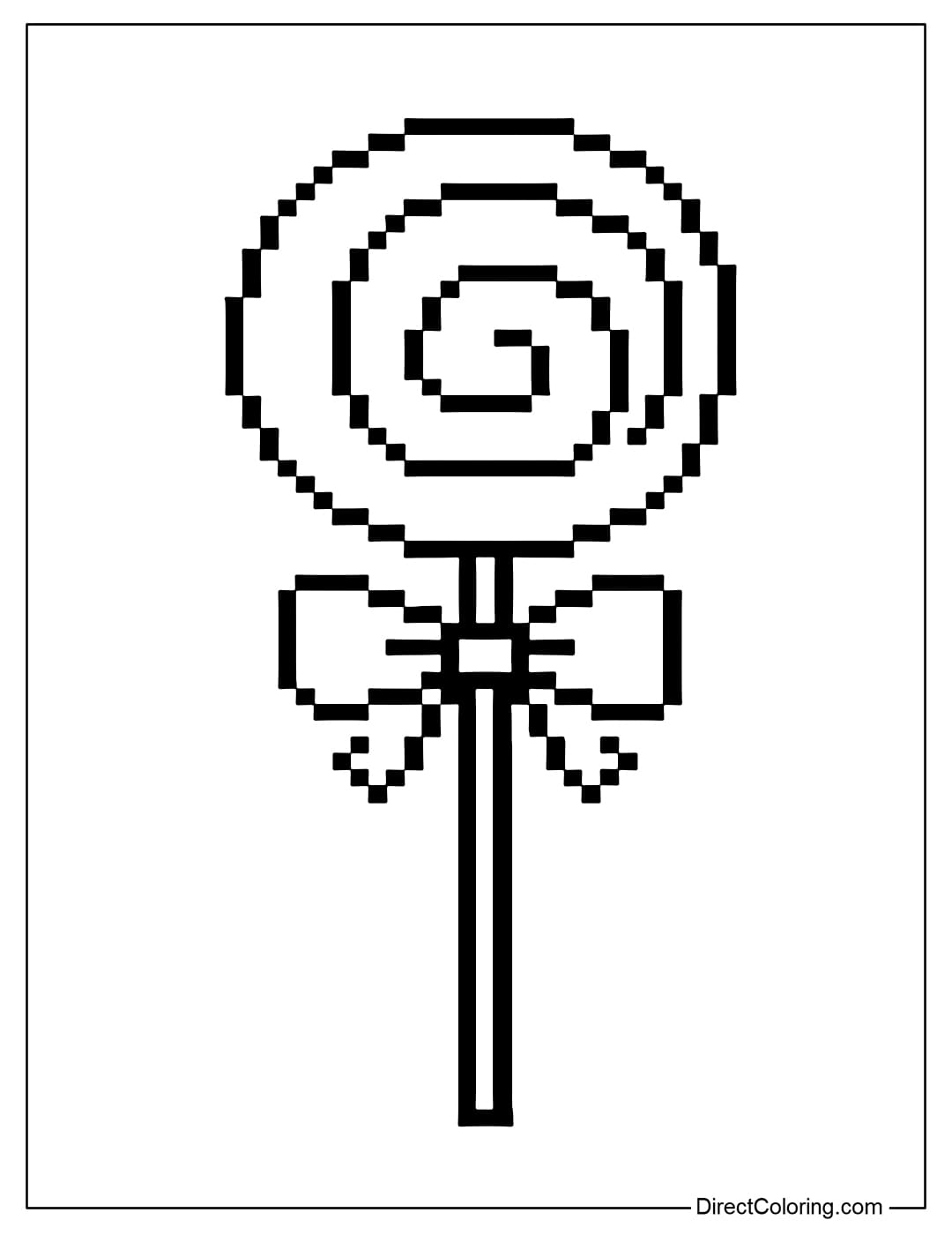 Pixel Halloween lollipop color page, with a round candy head twisted in a pixel spiral, a straight stem, and a small pixel bow tied in the middle.