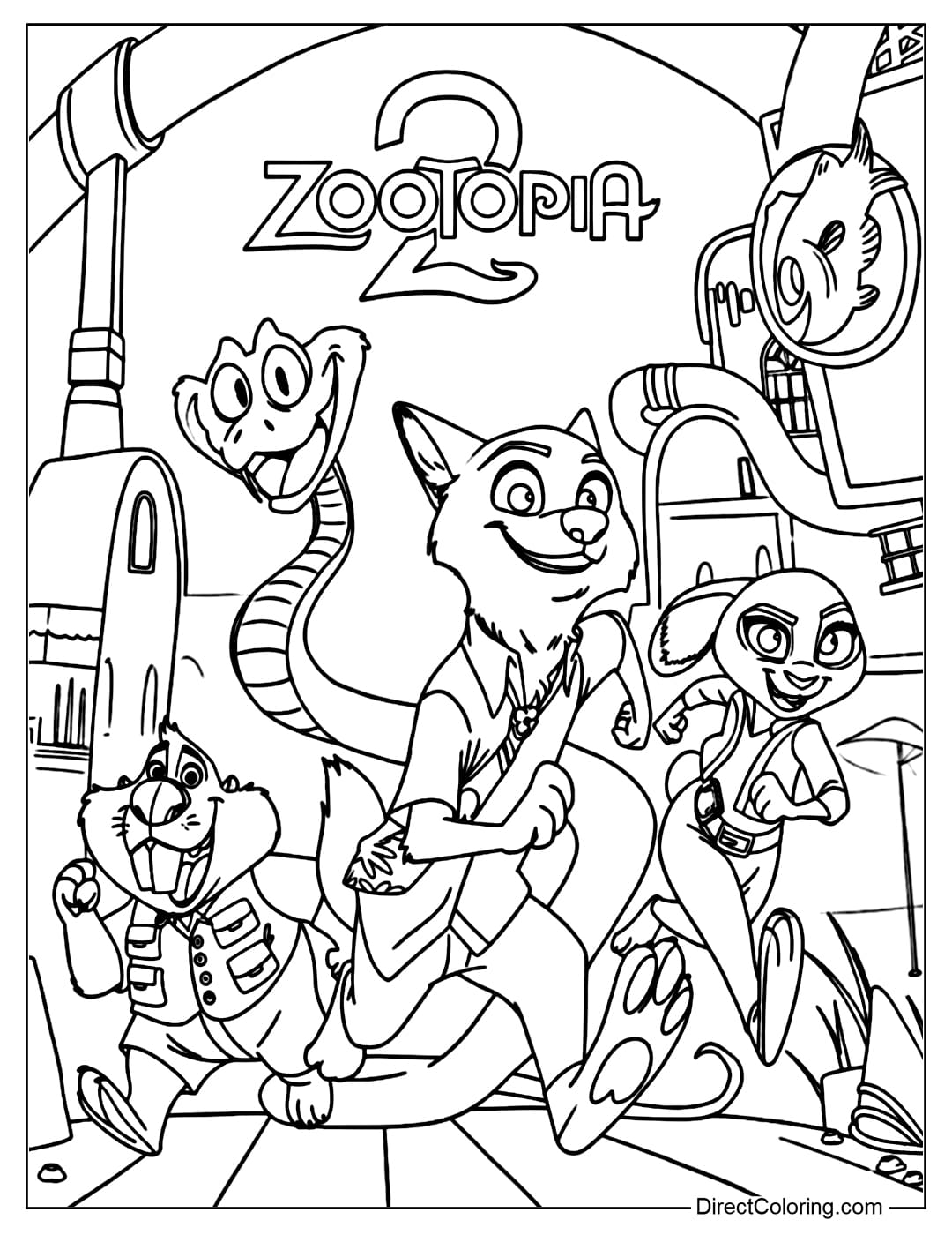 A coloring page of Nick, Judy, Gary, and Nibbles Maplestick from Zootopia 2 running energetically through the bustling city.