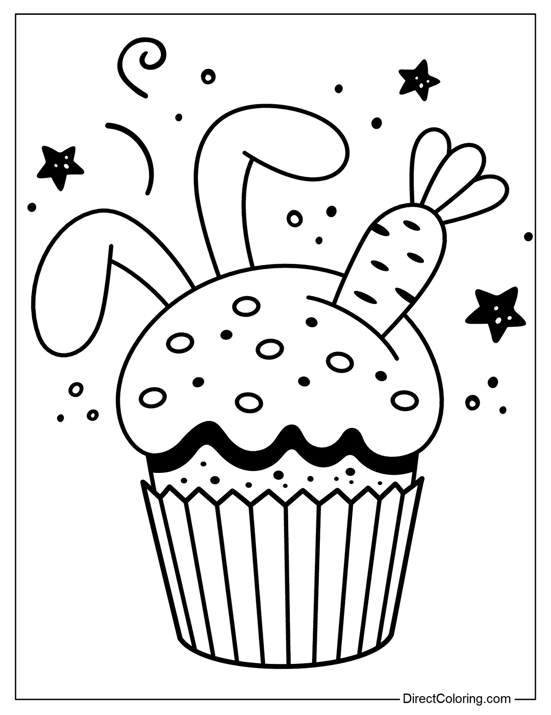 Coloring Easter Cupcake with Rabbits Ears and Carrot