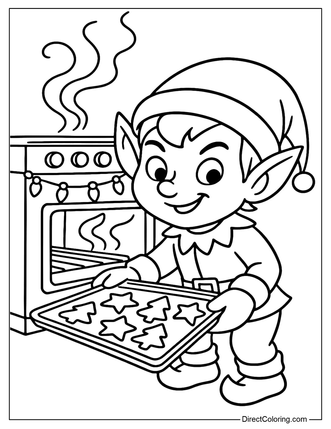 A coloring page of a little elf baking star-shaped cookies and a pine tree, with a kitchen decorated with Christmas lights.