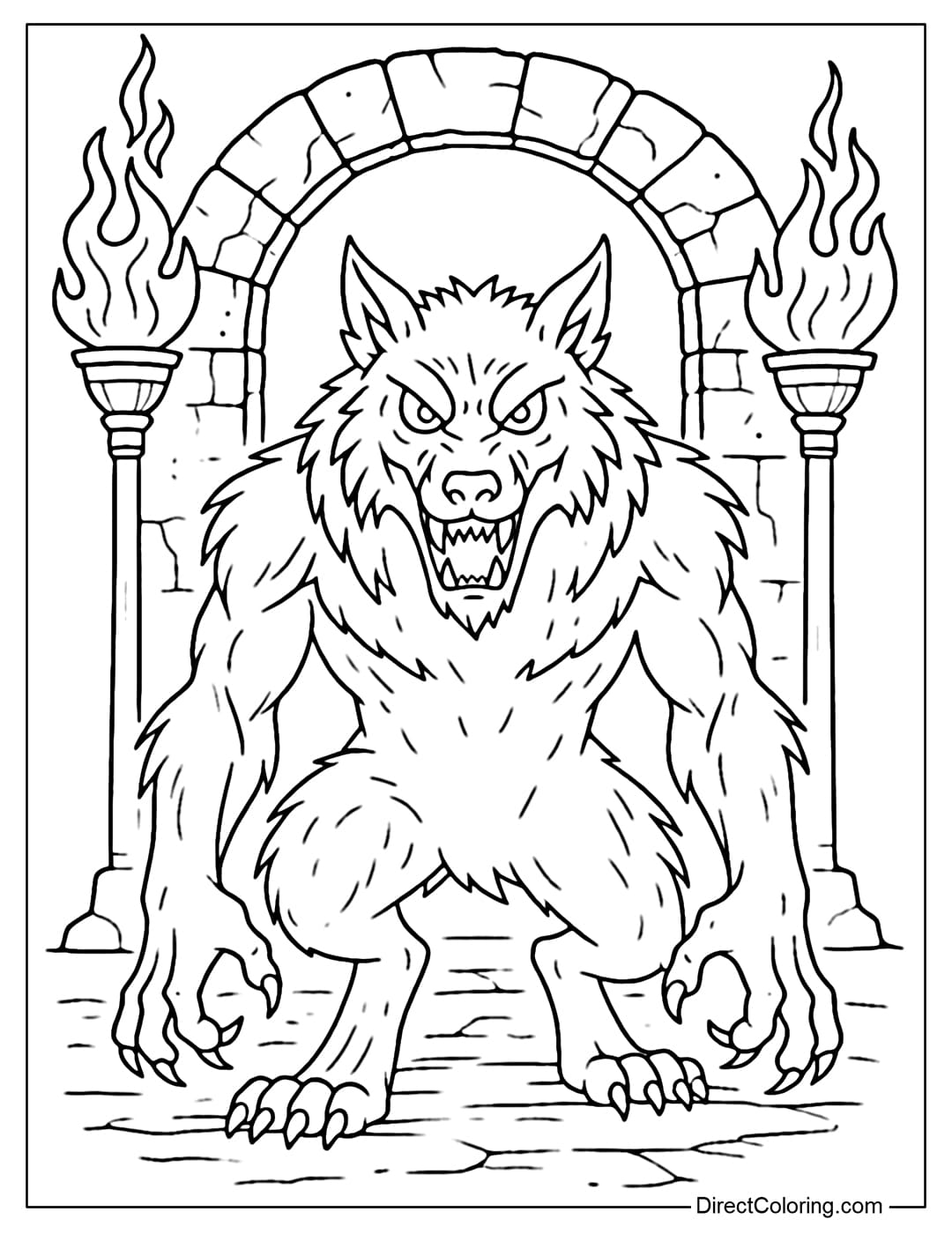 A werewolf coloring page guarding an ancient stone gate, two torches burning brightly, golden eyes glowing in the darkness.