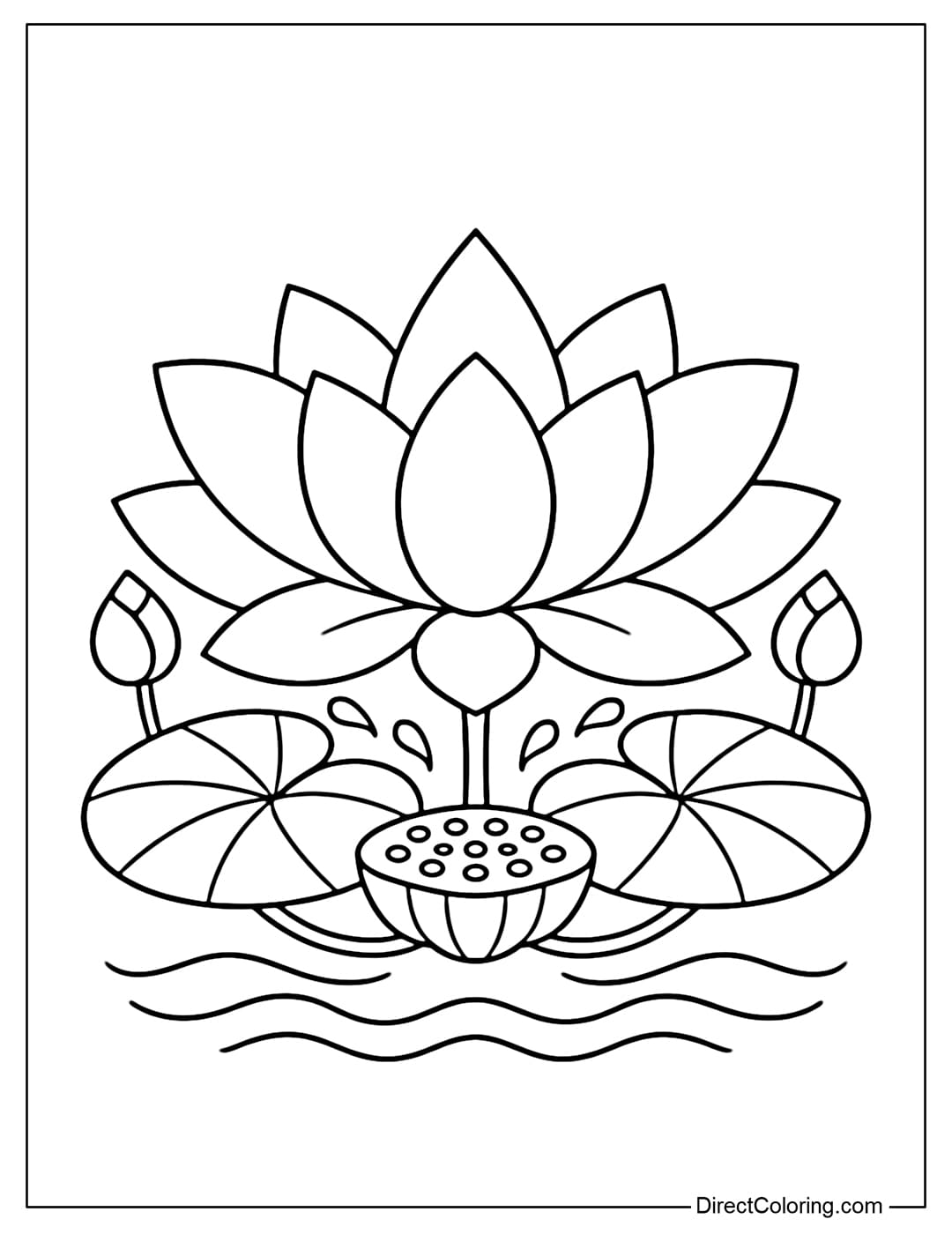 A coloring page of a stylized lotus flower with large, symmetrically layered petals.