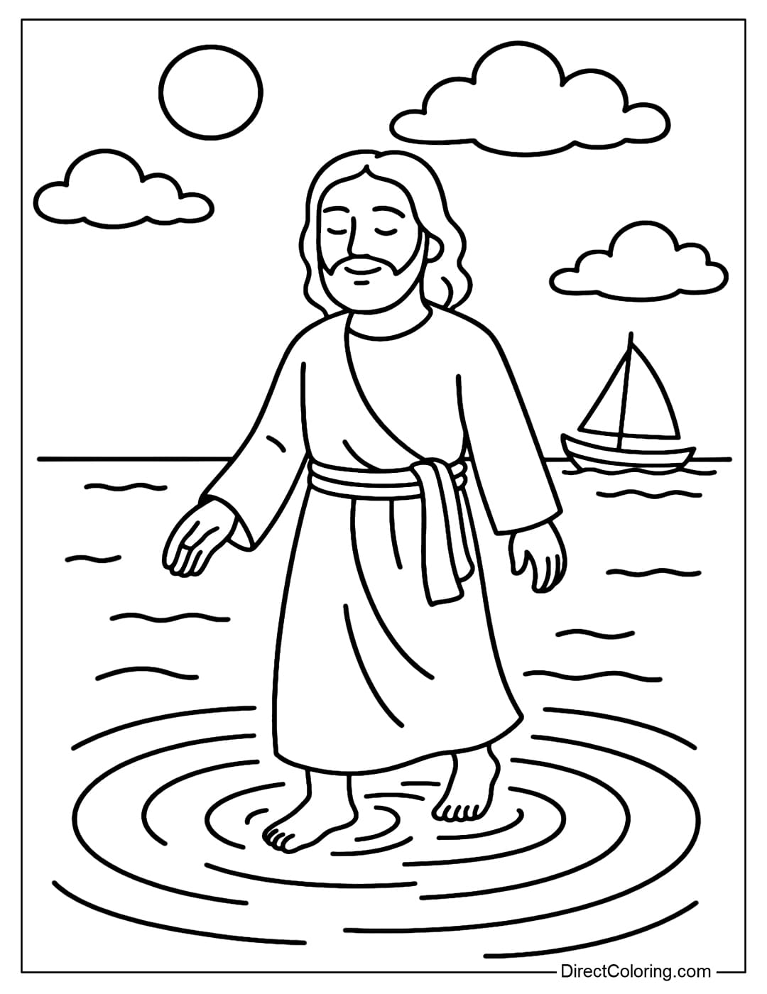 Jesus Coloring Page walking on the water with soft round ripples, in the distance is a small boat.