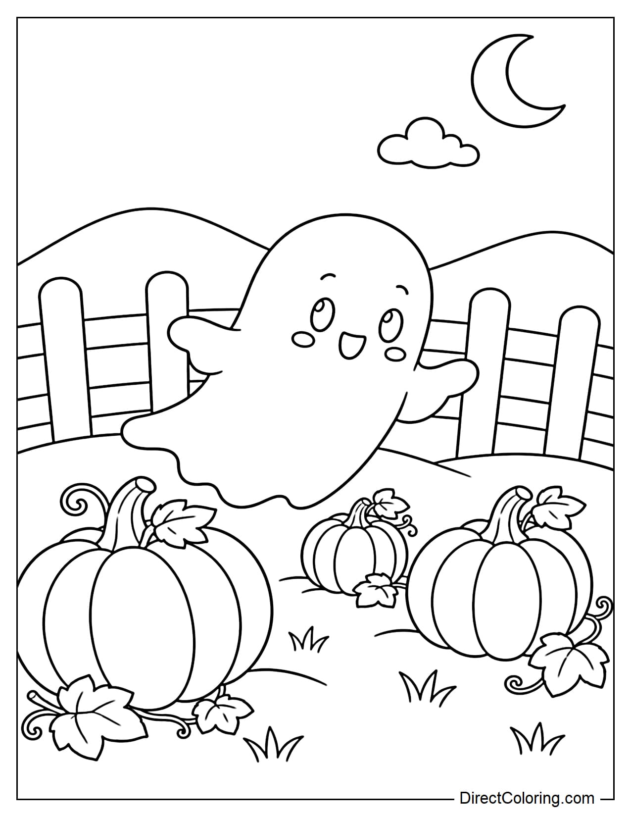 A little ghost floats through a pumpkin patch surrounded by several large pumpkins, a short wooden fence, and a small crescent moon in the distance.