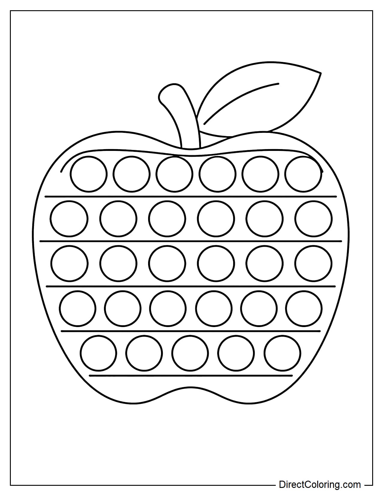 A large apple-shaped pop it with a simple leaf on top, and round bubbles evenly distributed throughout the apple's body.