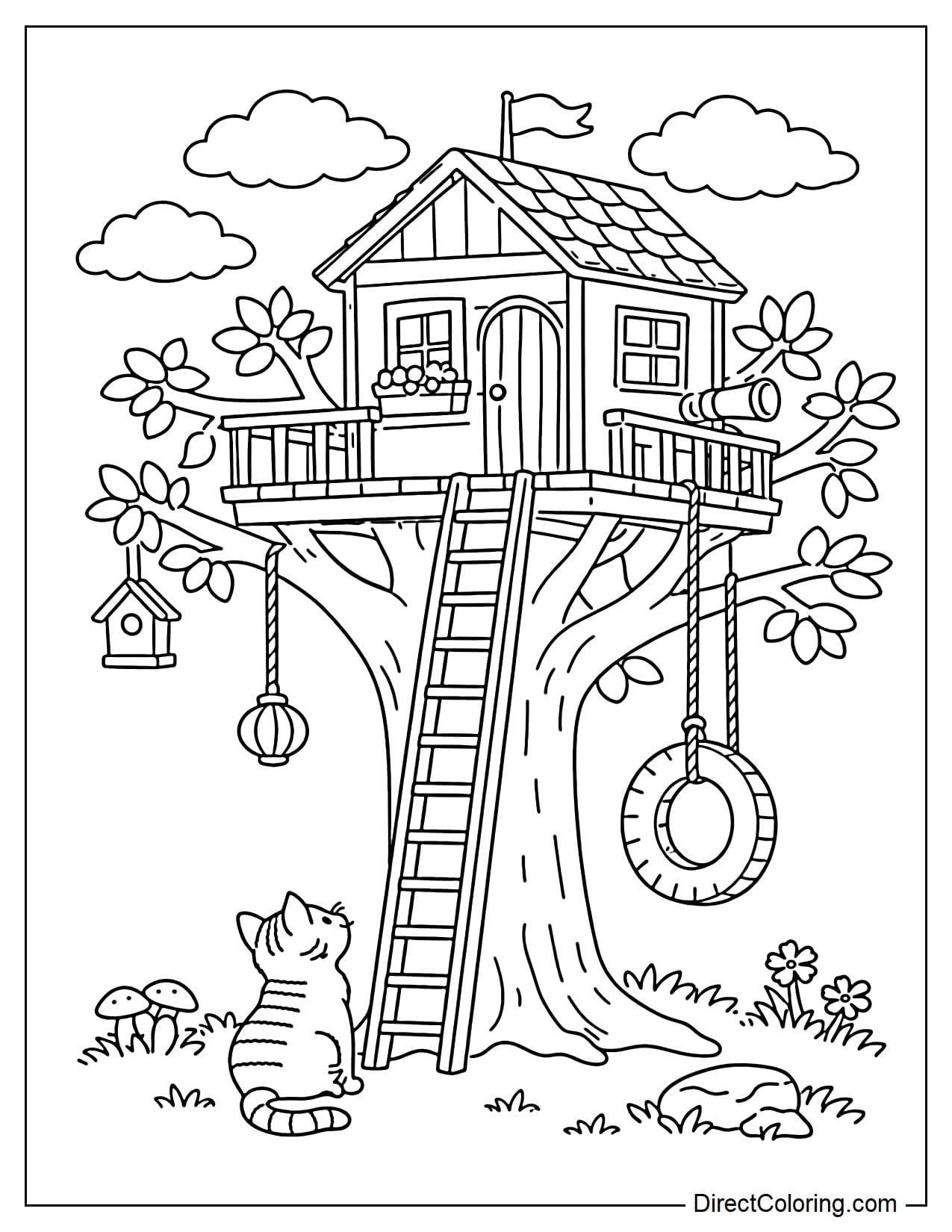 A treehouse with a cat sitting under the tree, looking up at the house above.