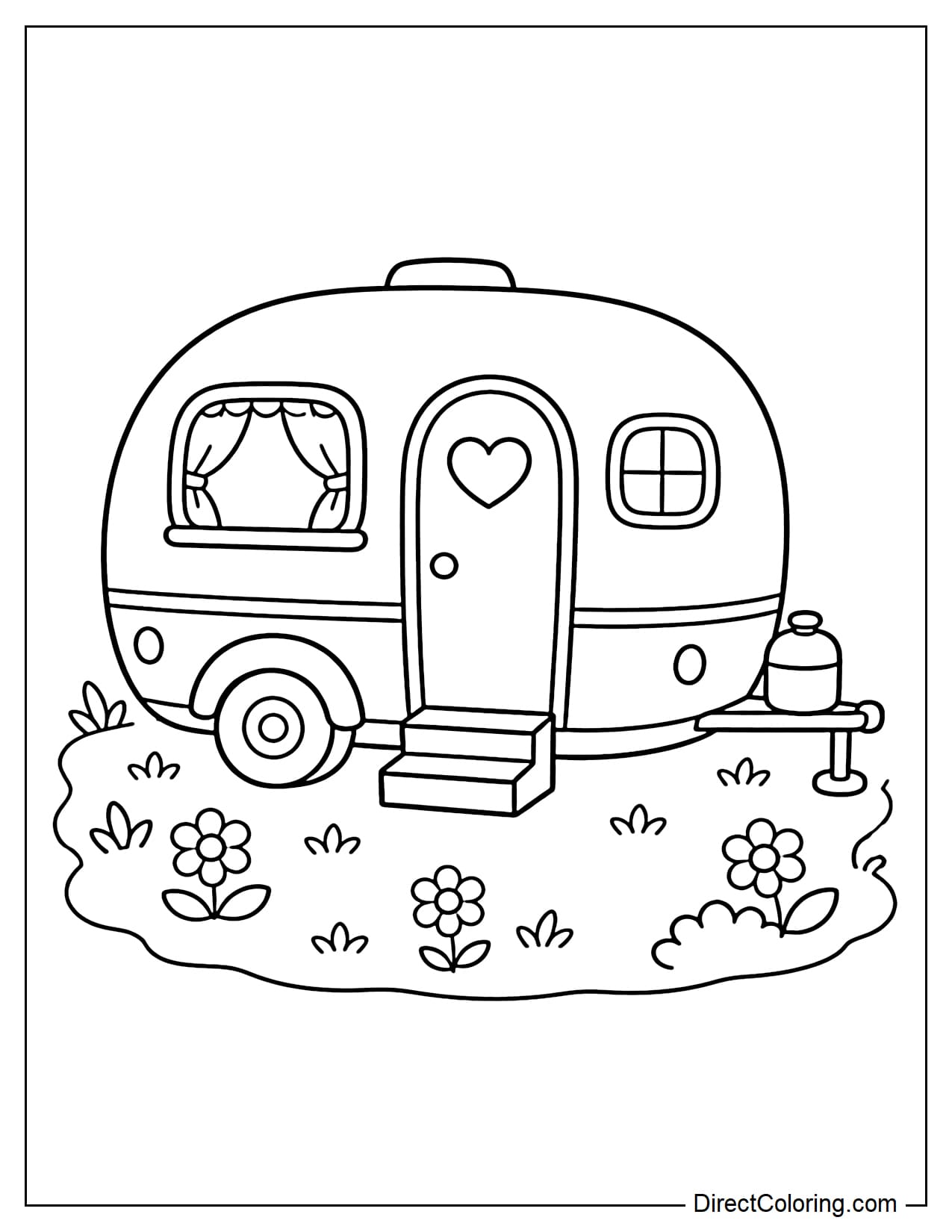 A cute, round-shaped camper van parked on a small lawn with a few simple flowers and bushes around it.