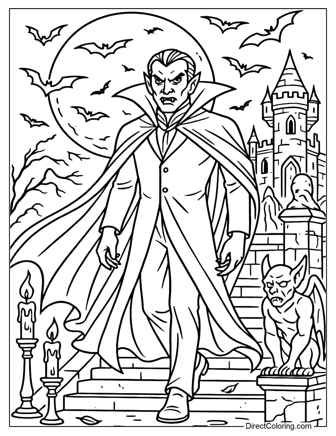 Terrifying Vampire Lord Coloring Page A majestic vampire lord coloring page standing on the steps of an ancient castle.