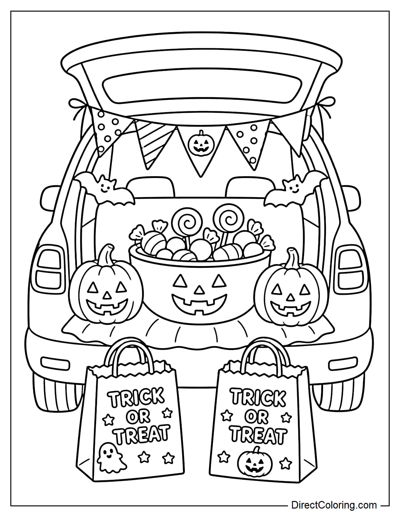 A car with its trunk open is decorated for Halloween with bunting, pumpkins, and paper bats, with a large candy bowl inside and two Trick or Treat bags placed in front.