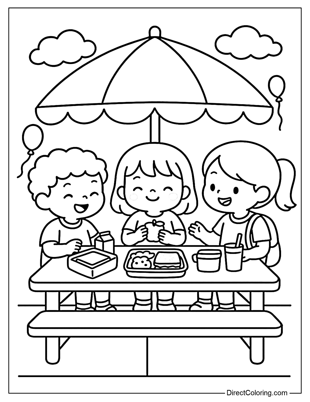Coloring page of little friends sitting and chatting happily under the umbrella in the school yard.