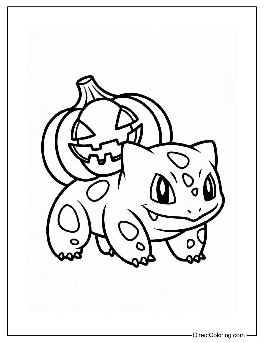 Bulbasaur Coloring Page carries a mischievous smiling Jack-o'-lantern on its back, with vines winding around it.
