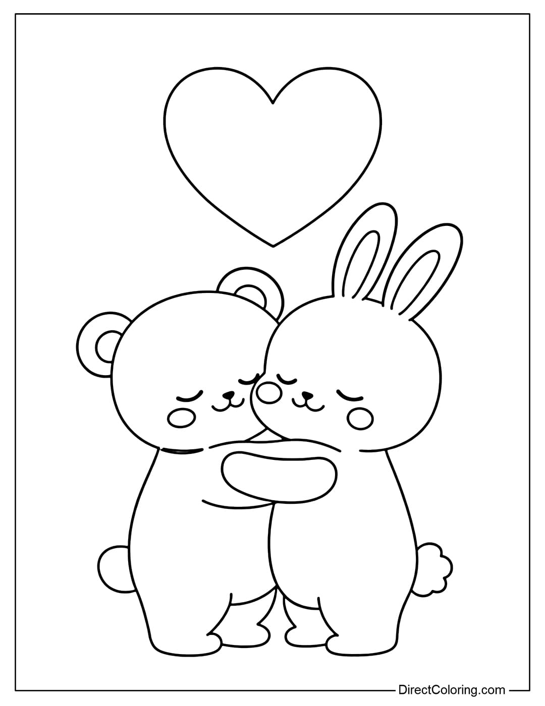 Coloring page featuring two cute characters hugging, with a large heart above.