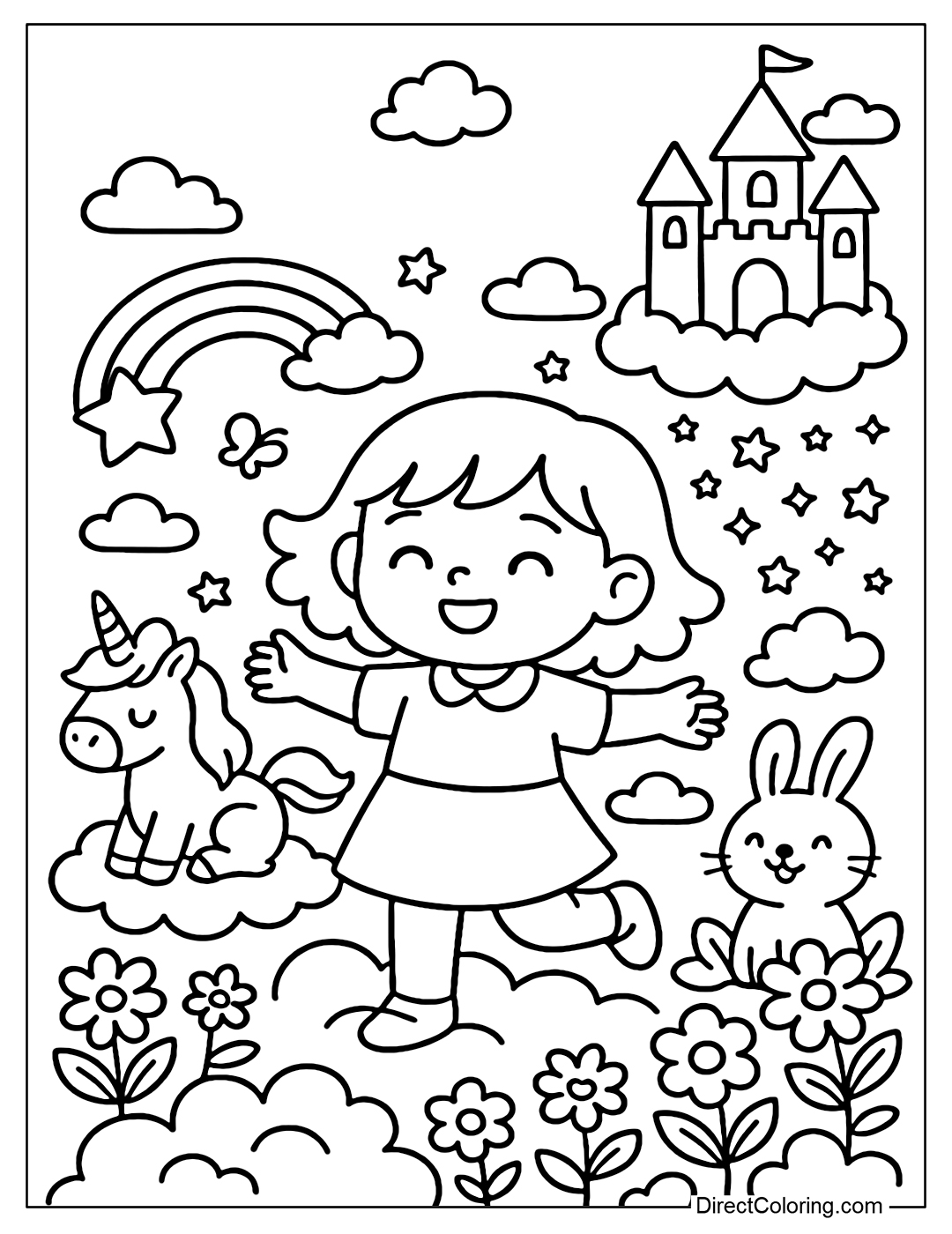 Coloring page Baby is in a place created by his own imagination – like a kingdom in the clouds, a fairy forest, or a candy planet. Fantasy elements like a flying castle, talking animals, rainbows, or magic
