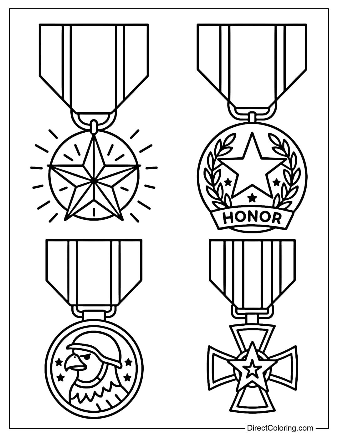 Coloring page of a collection of military medals.