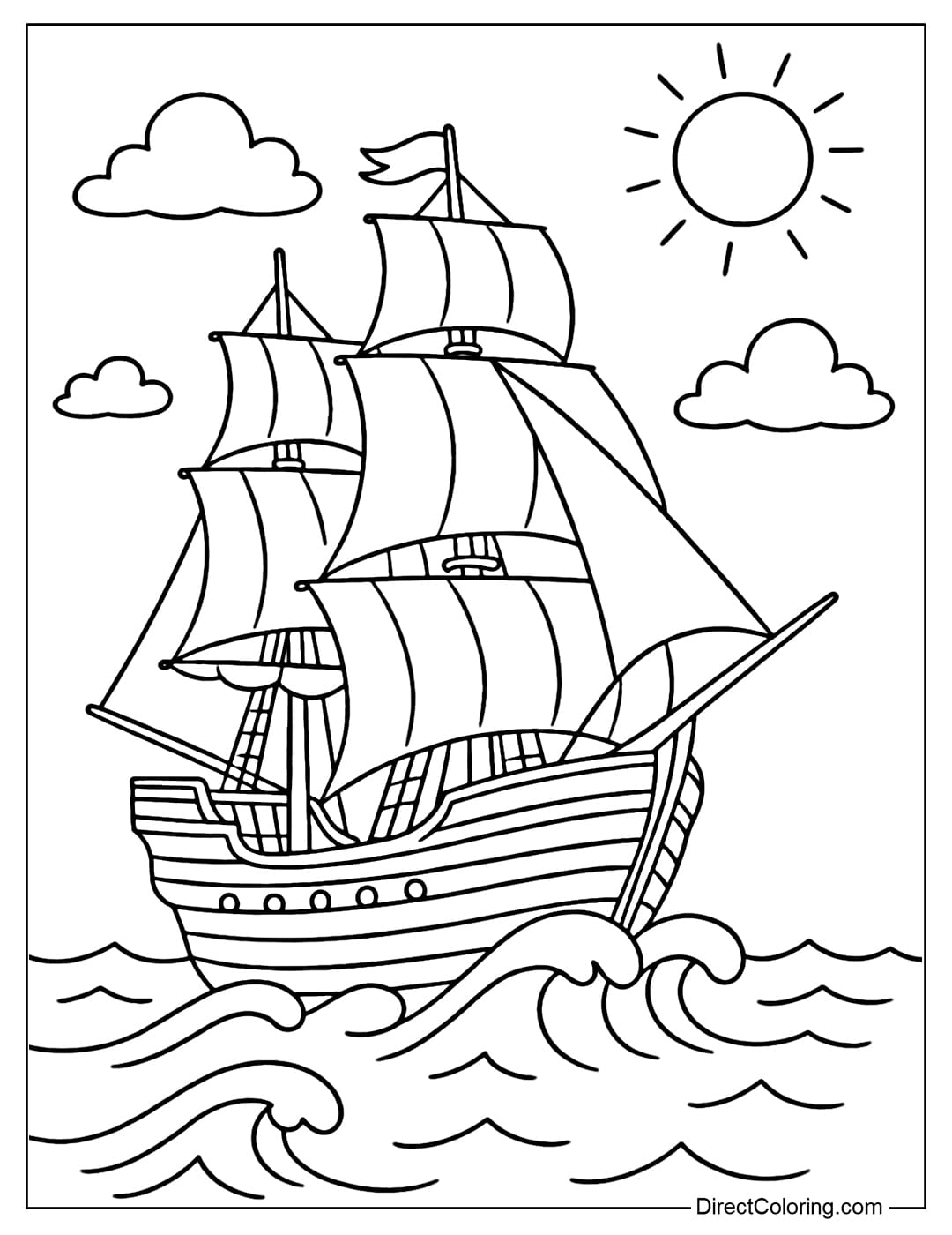 A coloring page of a ship crossing the ocean, the sails full of wind and the blue sky.