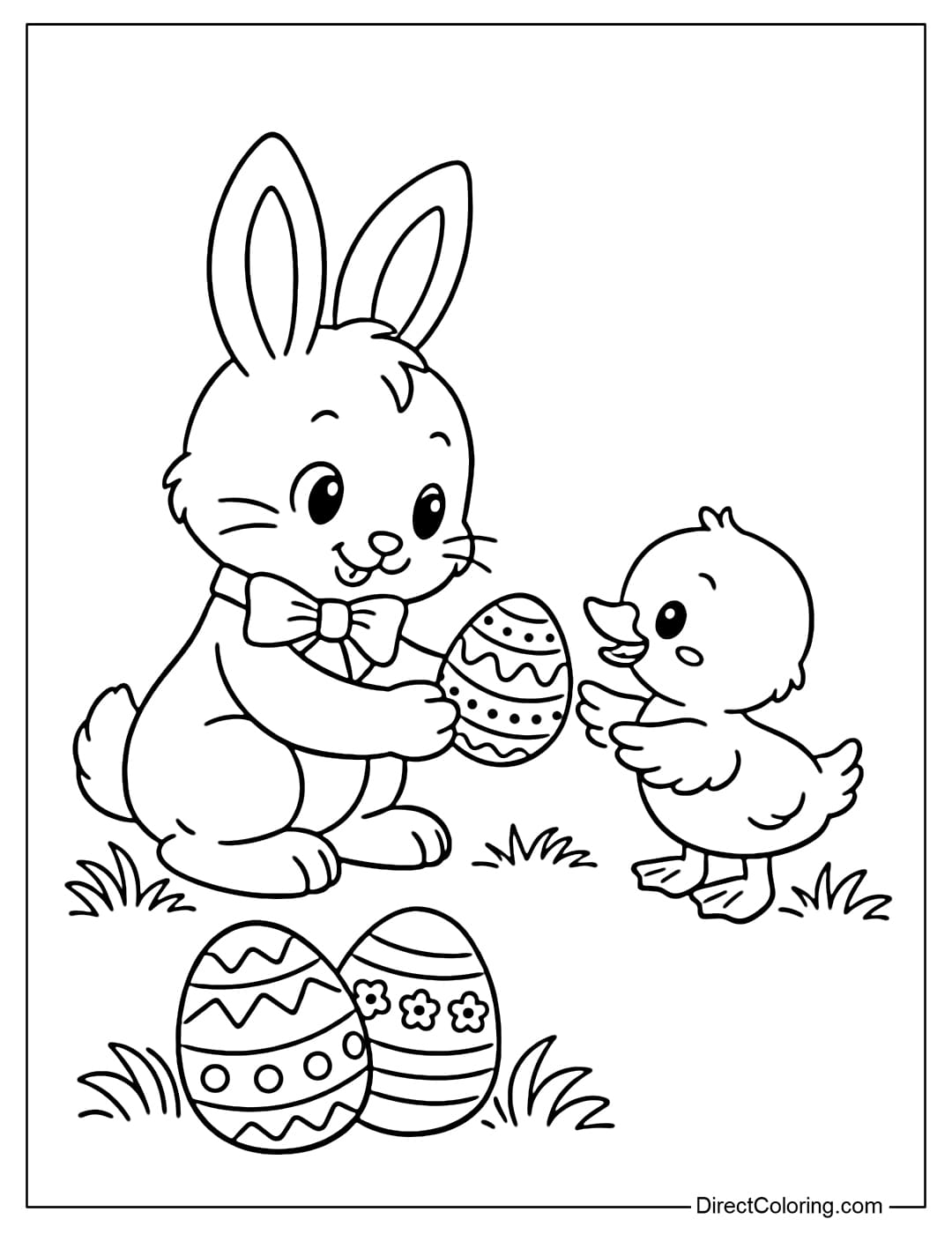 A cute Easter bunny coloring page giving an Easter egg to a small duckling standing next to it.