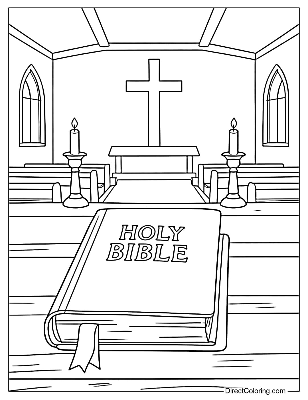 Coloring page of a Bible placed on a simple church table.