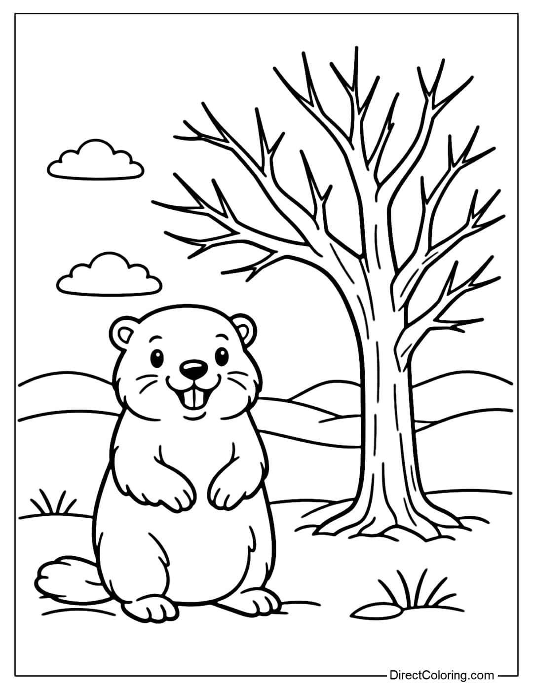A coloring page of a groundhog standing next to a bare tree in winter.