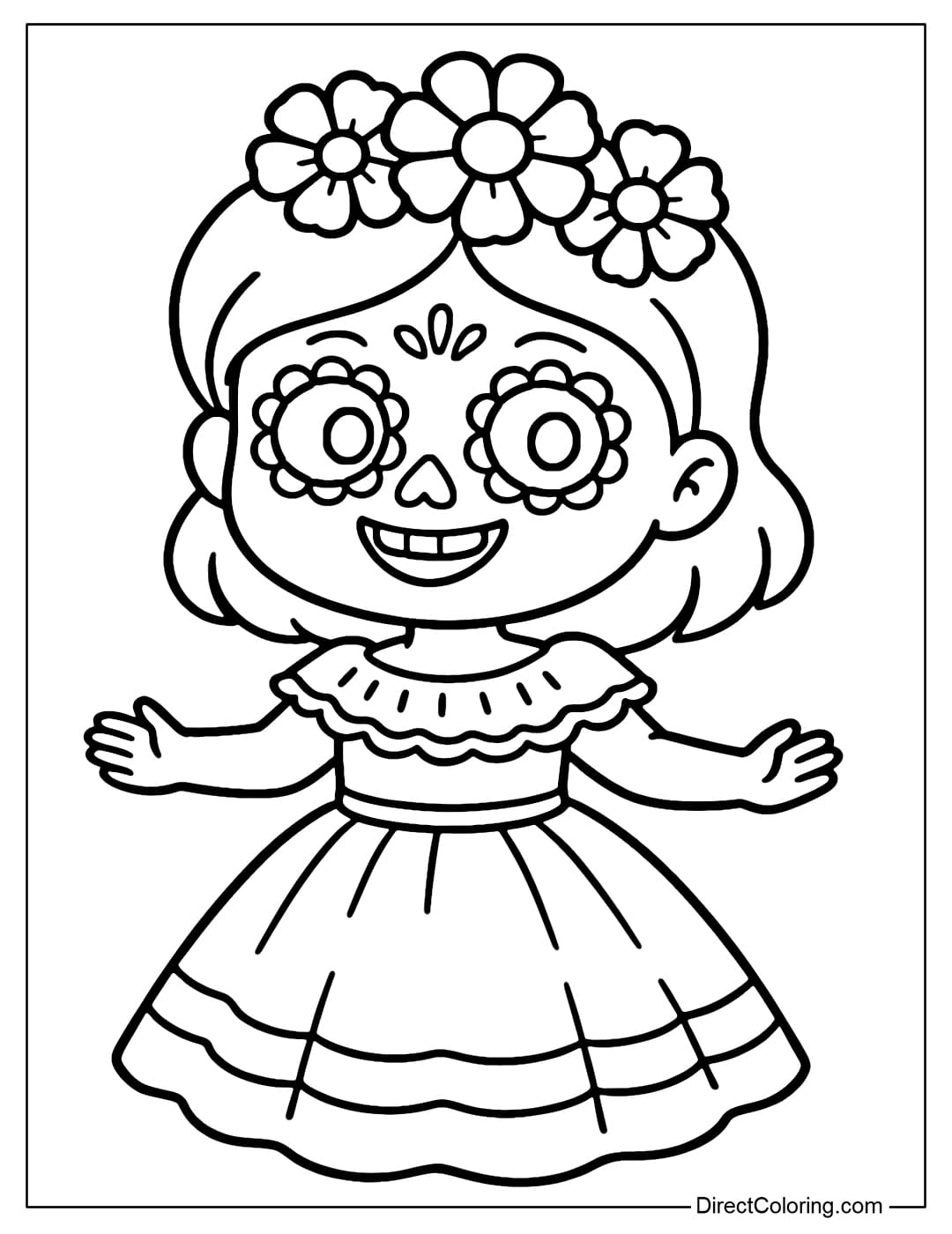 Coloring page for little girl dressed as little Catrina, puffy dress, flowers in hair, smiling.