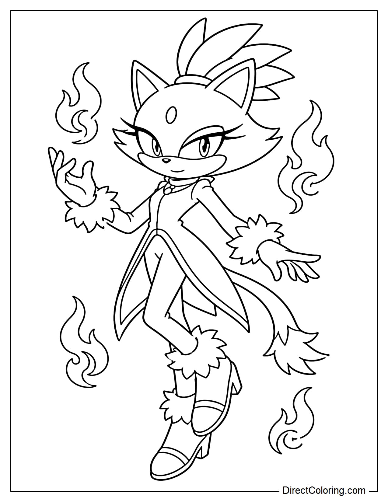 Blaze is in a graceful pose, surrounded by several small flames.