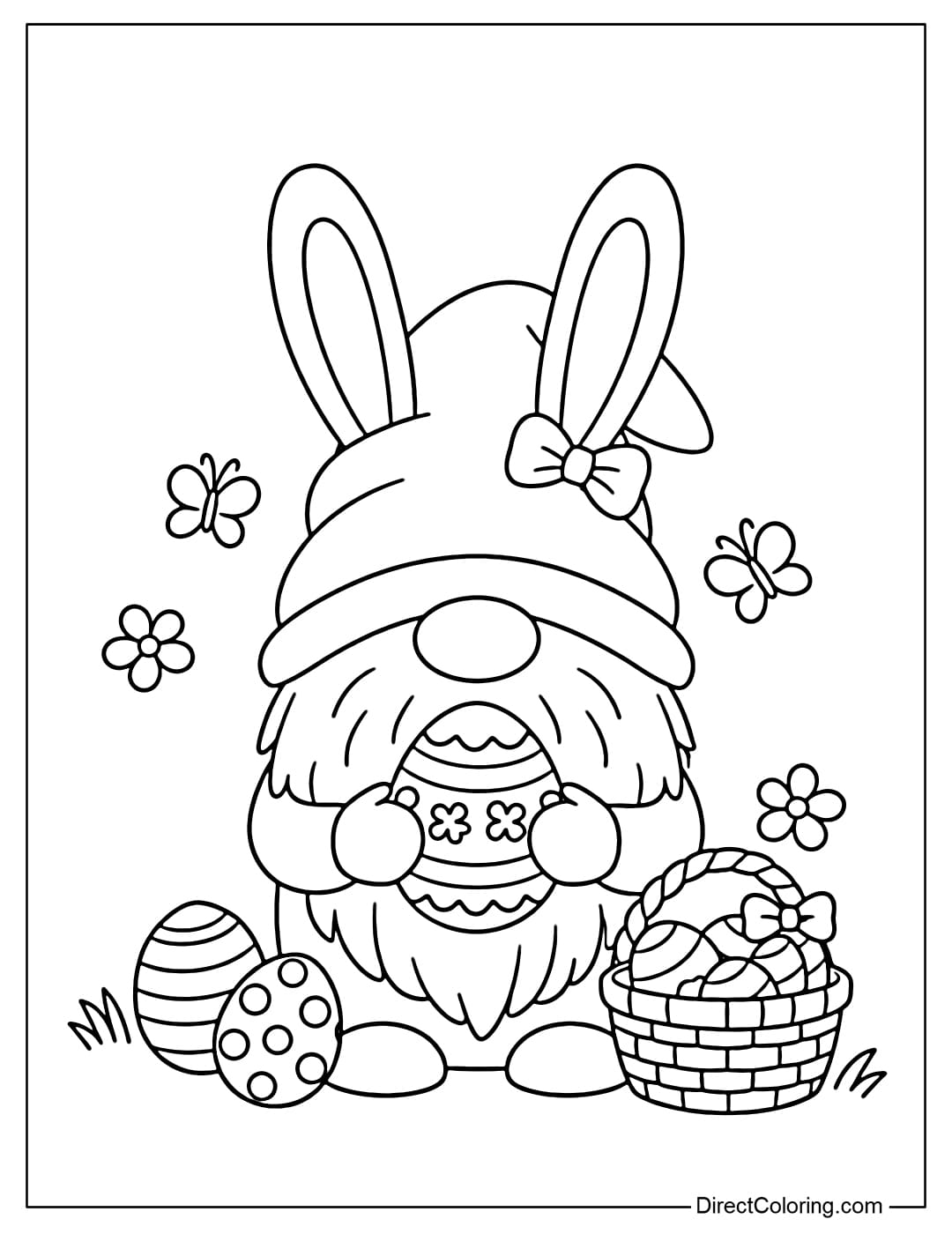 Coloring page of a cute gnome wearing a hat with bunny ears for Easter, featuring simple details.