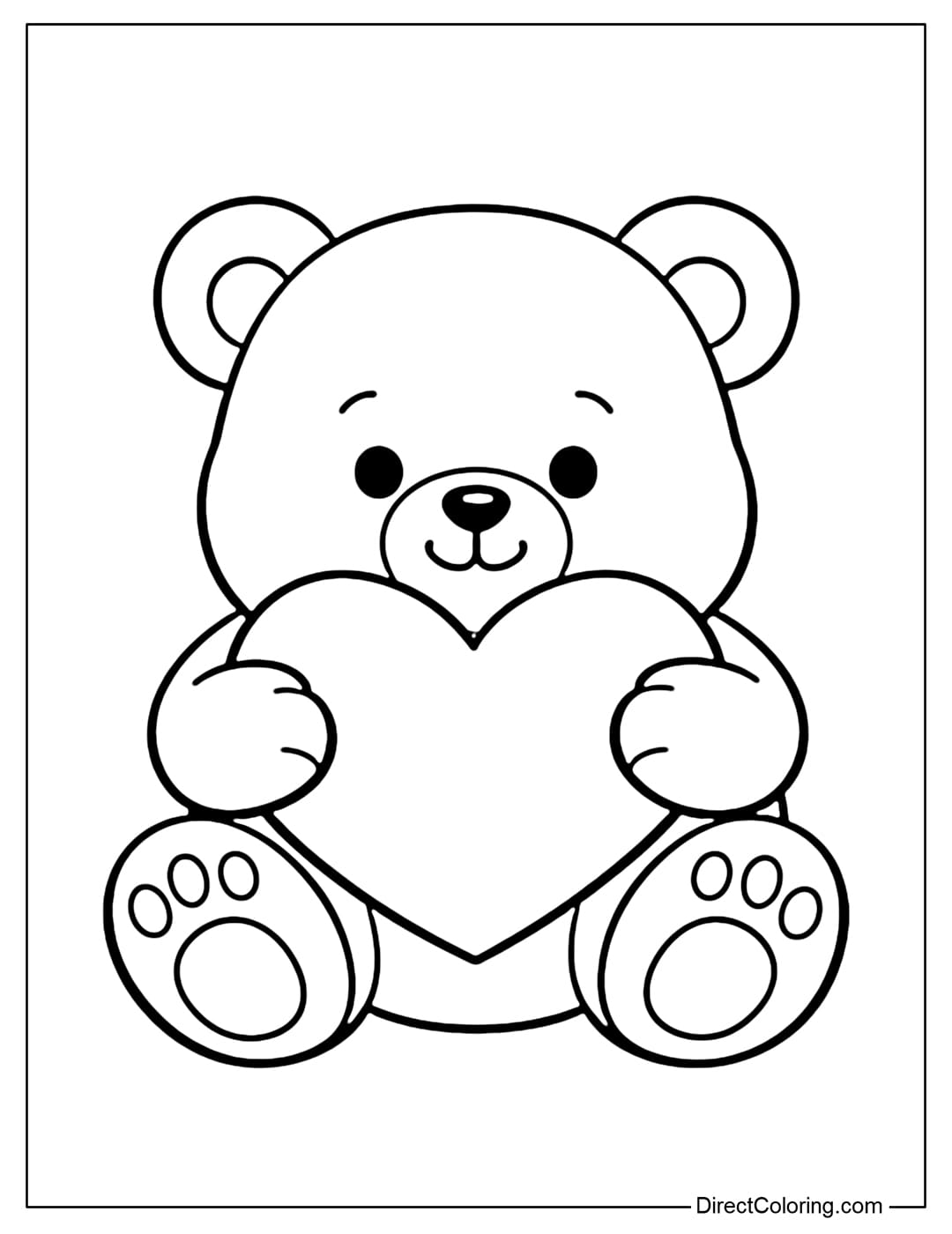 A coloring page of a cute teddy bear holding a large heart, sitting in a round pose, very easy for children to color.