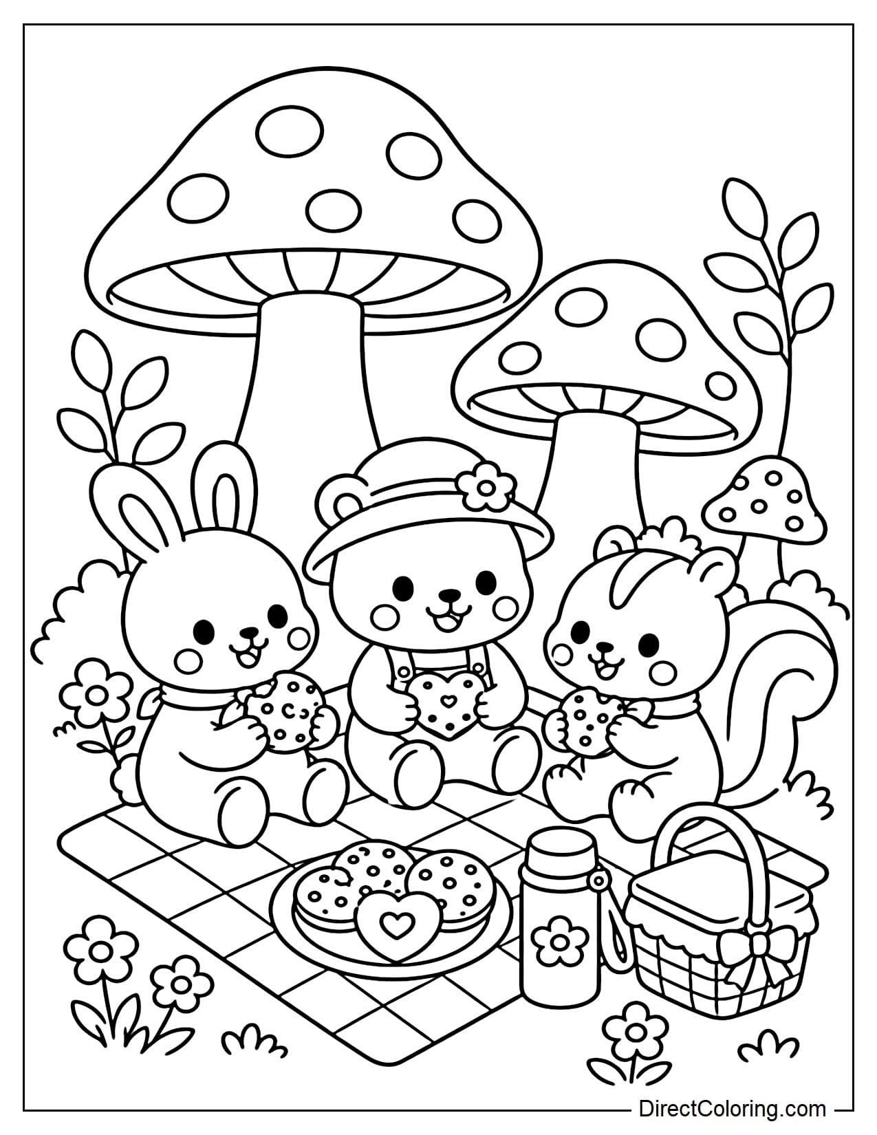 Little animals are picnicking next to large mushrooms in a fantasy forest, with cookies and water bottles placed on a picnic blanket.