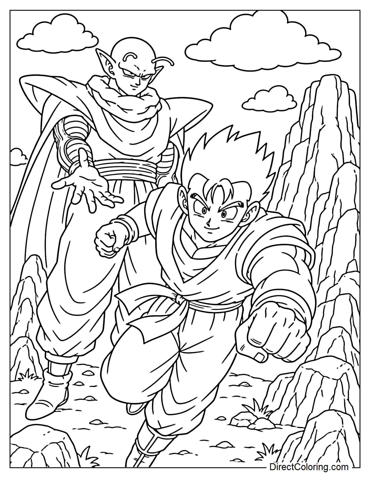 Gohan and Piccolo are training on a rocky mountain, Gohan charging ahead while Piccolo stands behind, guiding him, surrounded by large rocks and clouds.