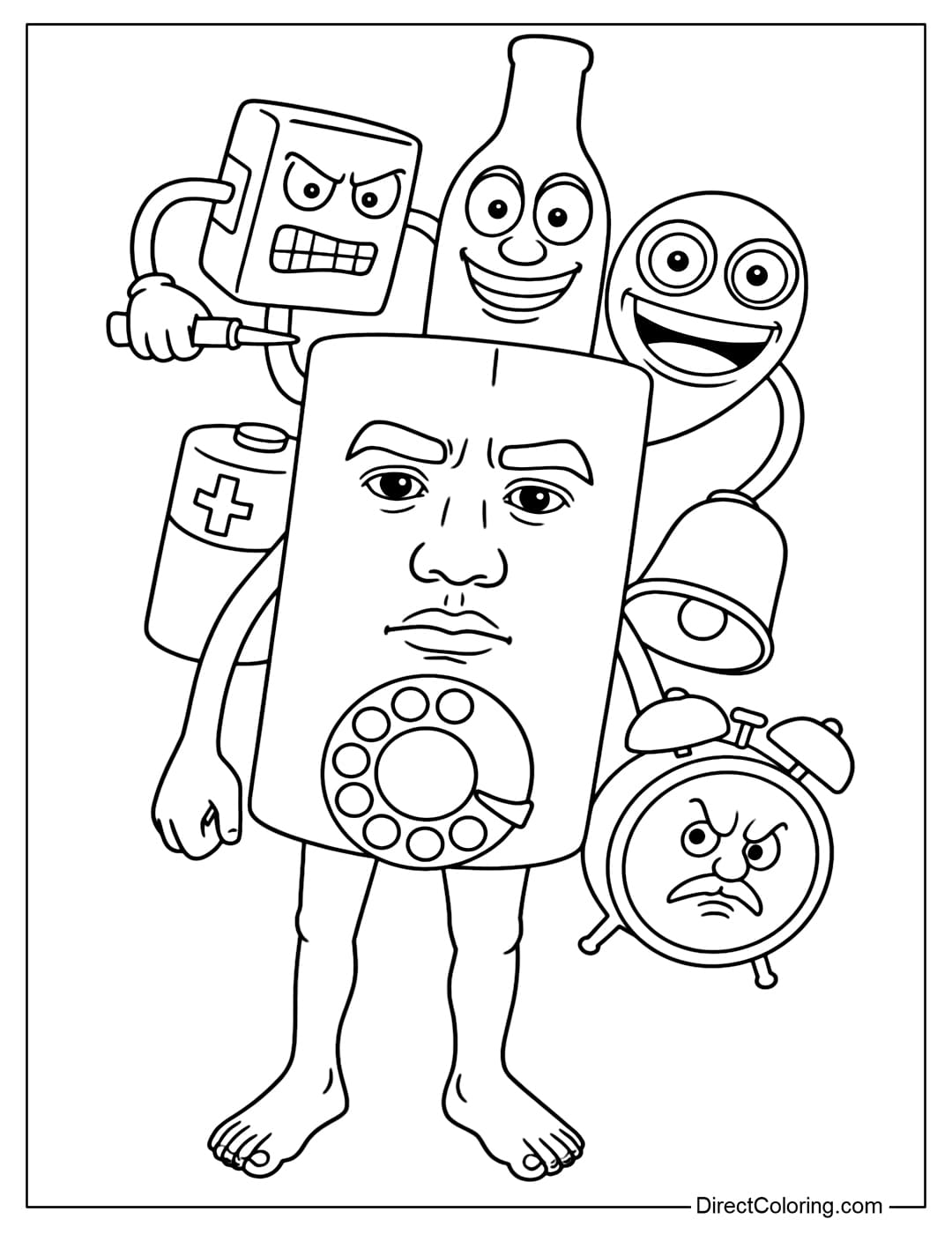 Coloring page Mixed Italian Brainrot Character Te Te Te To To To Boom Boom Boom cek cek cek strang strang strang pe pe pe tiktak sahur.