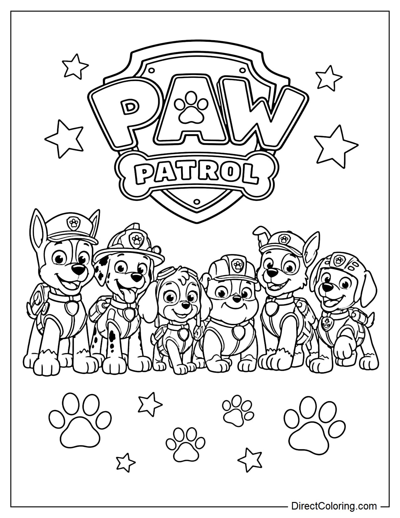 Chase, Marshall, Skye, Rubble, Rocky, and Zuma stand together in a confident team pose beneath the PAW PATROL logo, with simple paw prints and stars decorating the bottom.