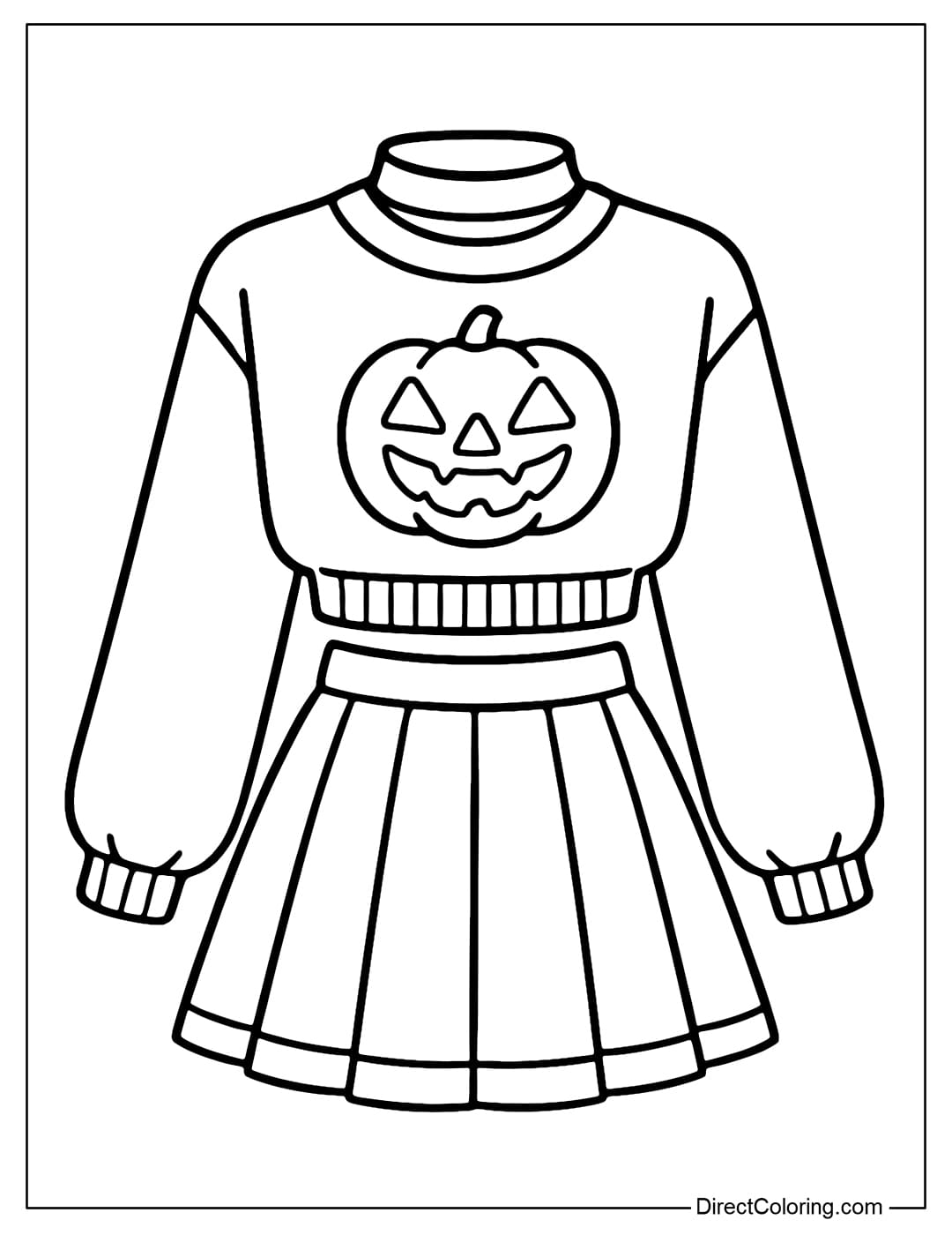 Coloring page of crop-top sweater outfit with stylized pumpkin print, oversize long sleeves, combined with short pleated skirt and choker necklace.