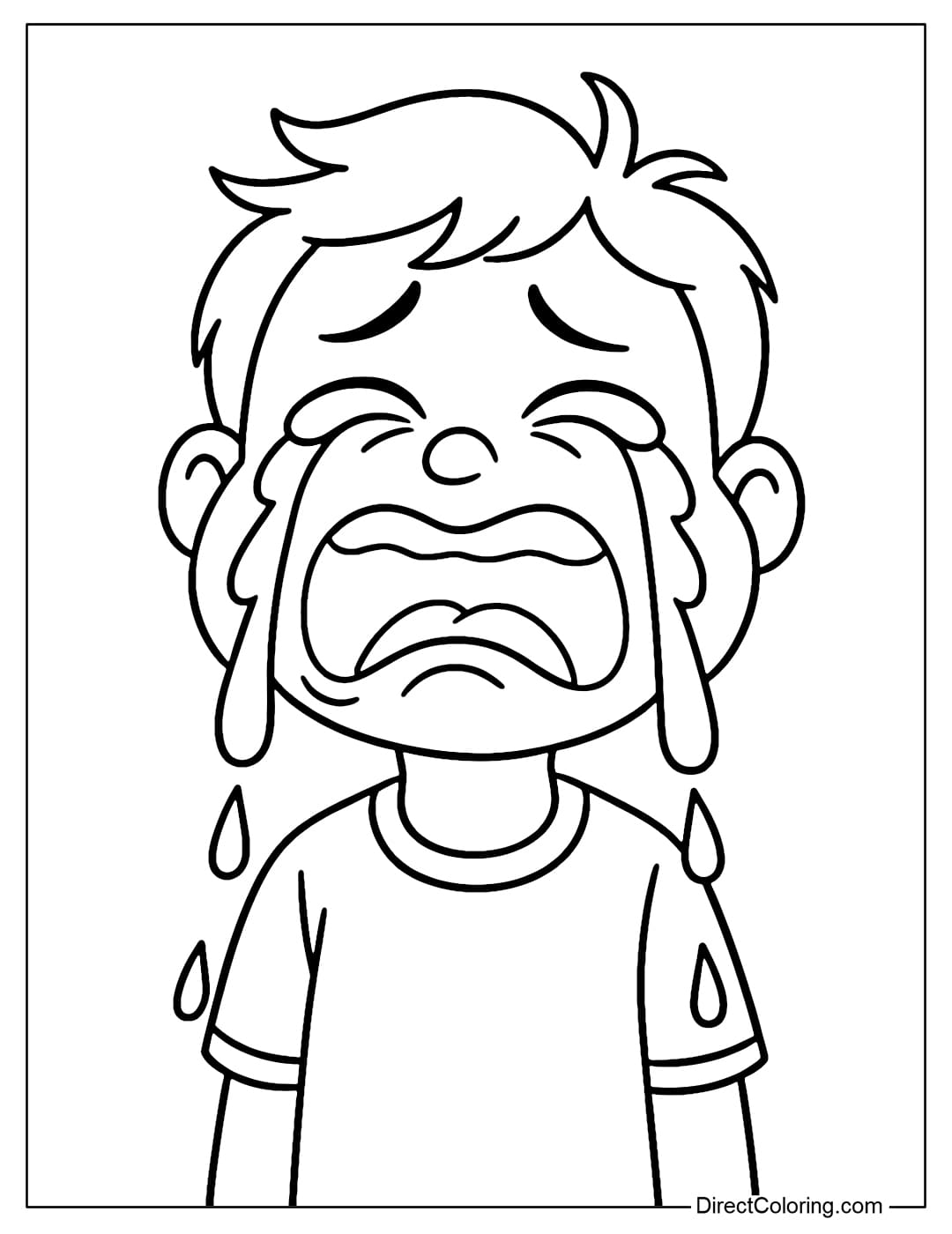 A dramatic crying character coloring page, tears streaming down, a cute distorted face.