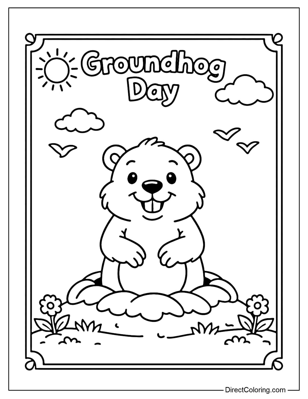 A coloring page of a groundhog standing in a simple decorative frame, with the words 