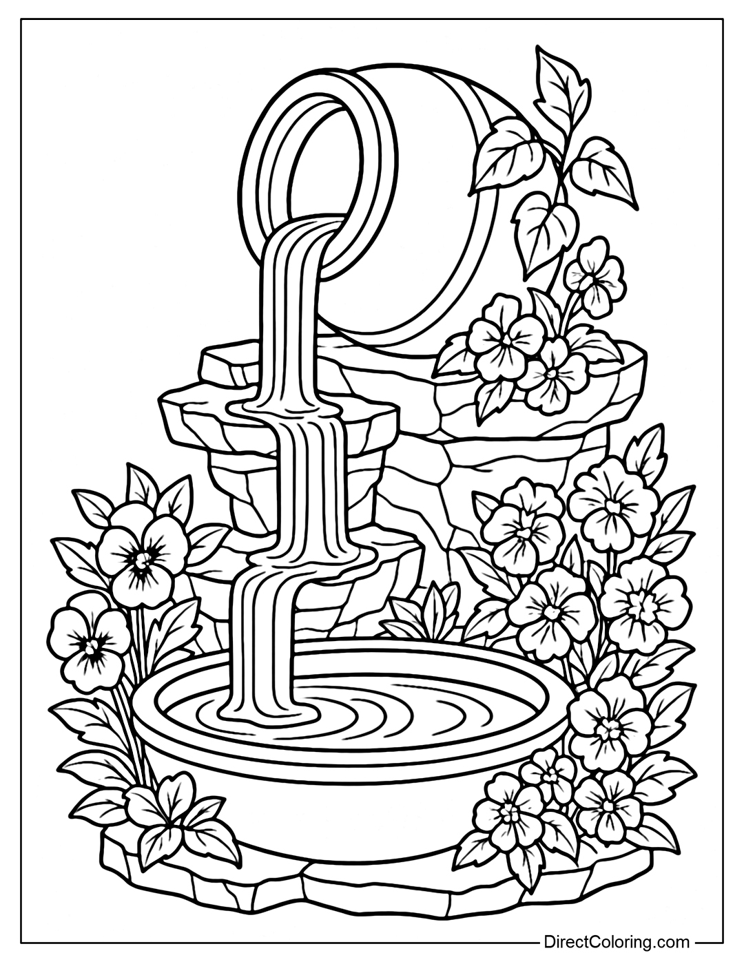 Coloring page for a backyard scene with a tilted ceramic pot pouring water over three tiers of rocks into a circular pool, surrounded by pansy and petunia flowers