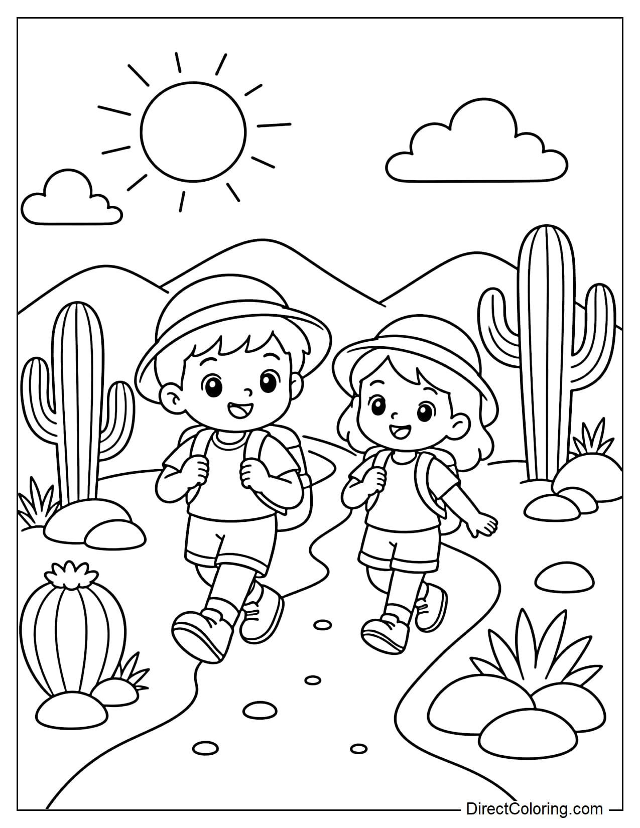 Two children wearing wide-brimmed hats and backpacks walk on a desert trail. Around them are some large cacti, round rocks, the sun, and hills.