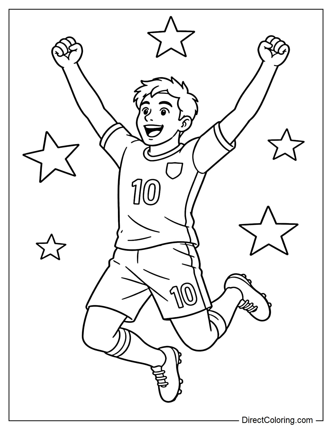 A soccer player jumping to celebrate a goal with arms raised and stars around the goal.