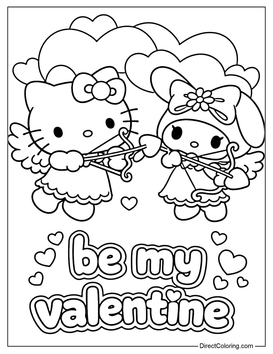 A Sanrio Valentine coloring page featuring Hello Kitty and My Melody dressed as Cupid shooting hearts with a bow and arrow, along with the words 