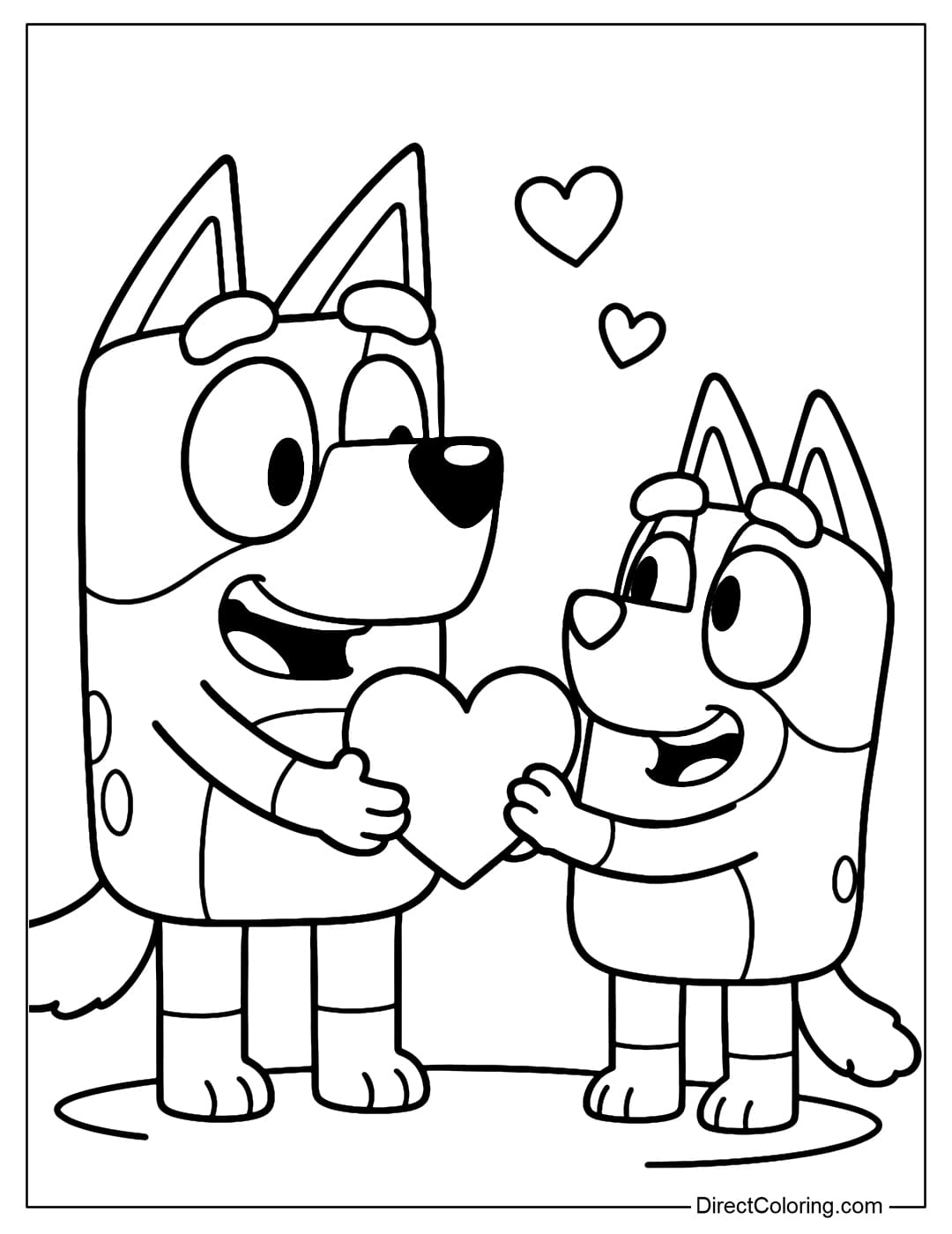 Bluey Coloring Page holding a heart-shaped balloon and giving it to Bingo.