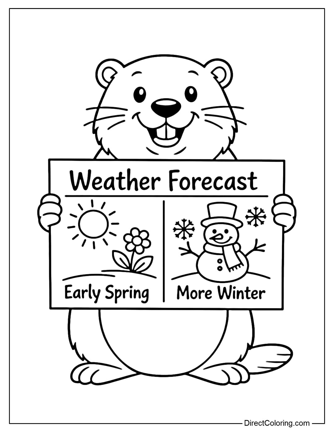 A coloring page of a groundhog holding a simple weather forecast chart.