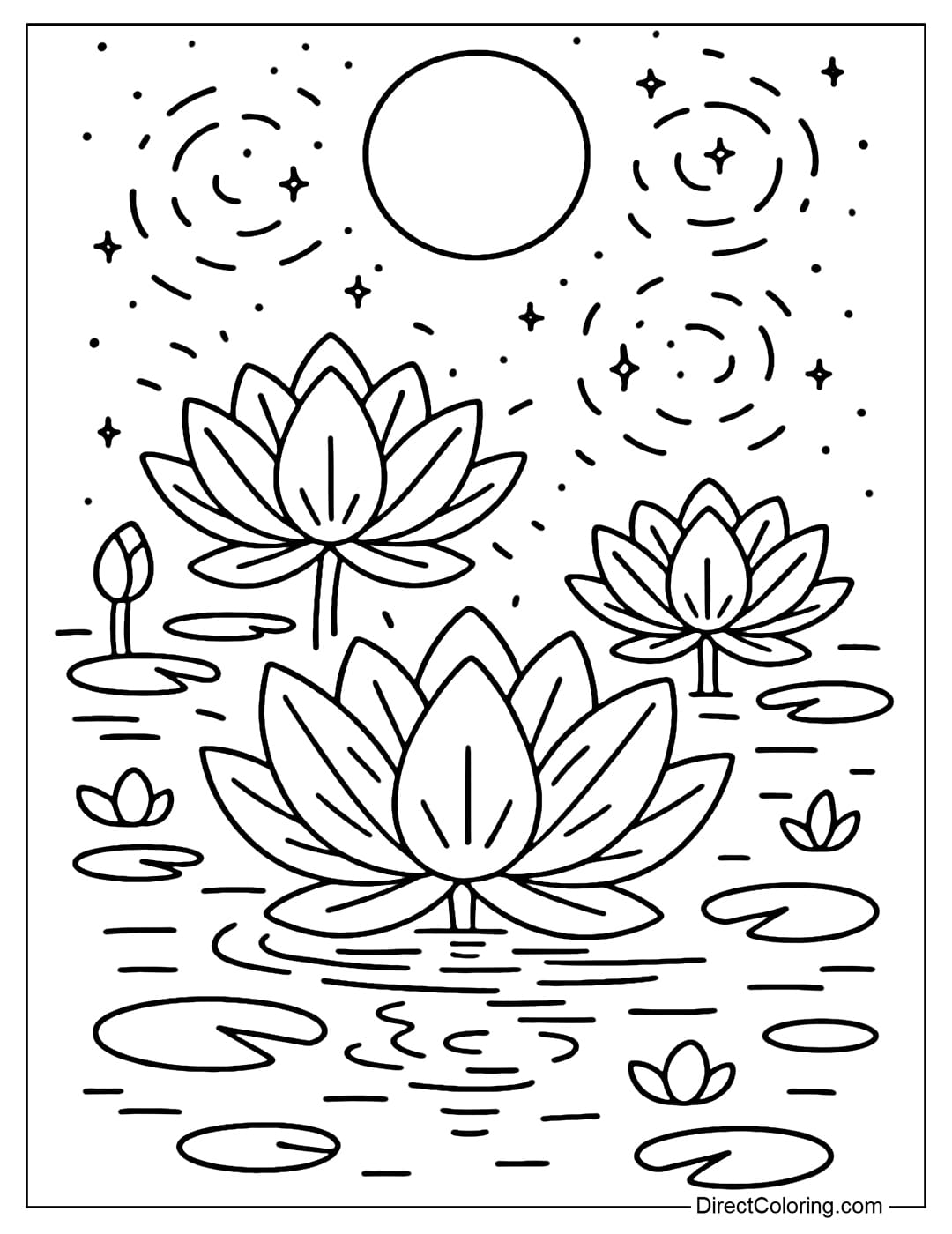 A fairytale lotus pond coloring page, where giant lotus flowers bloom and radiate a gentle aura, each petal seems to be made of crystal.