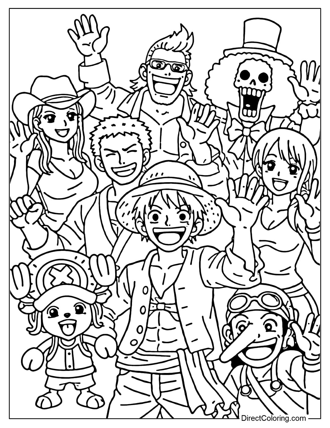 The Straw Hat Crew members are smiling and waving. The photo includes Luffy, Zoro, Nami, Usopp, Chopper, Robin, Franky, and Brook with cheerful expressions.