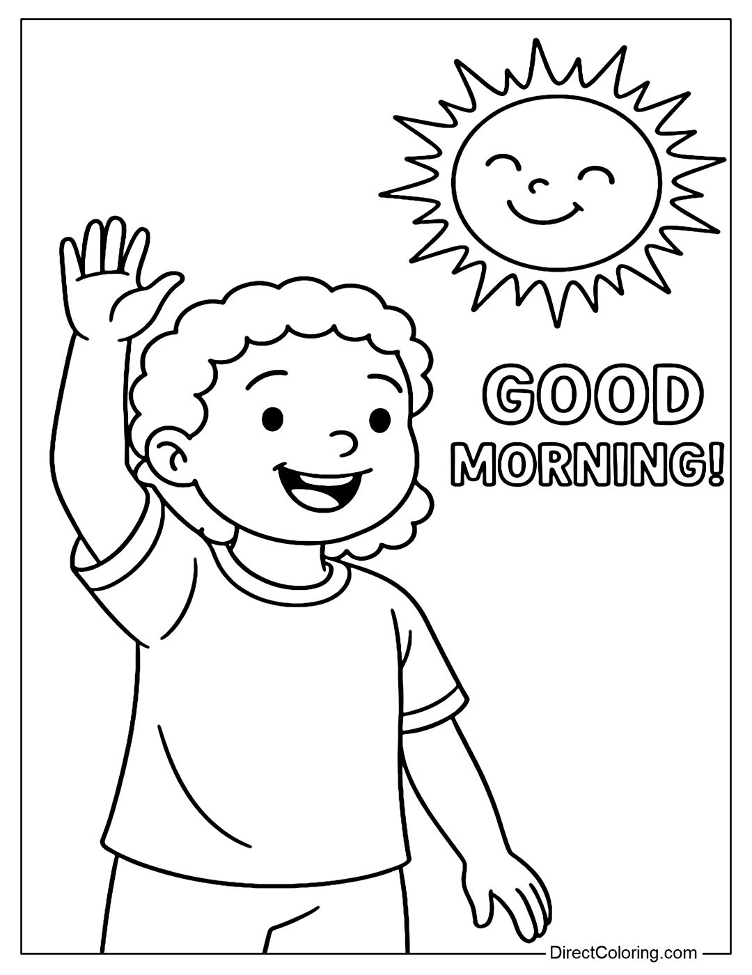 Coloring page of a child greeting the morning with a smiling sun shining brightly.