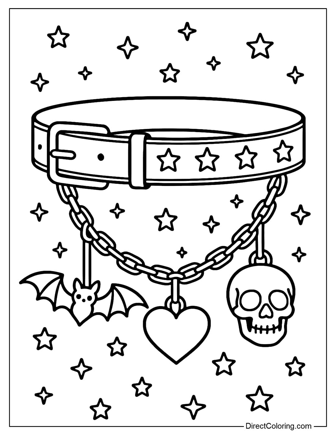 Gothic belt coloring page, bat charm chain, heart and skull, mini star border.